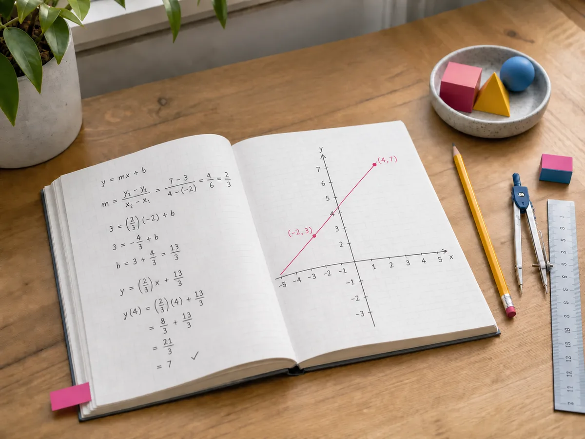 Zeszyt z równaniem i wykresem oraz przybory geometryczne